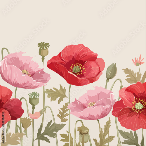 Soft watercolor poppies in bleeding crimson shades, beige paper-texture background, elegant seamless pattern