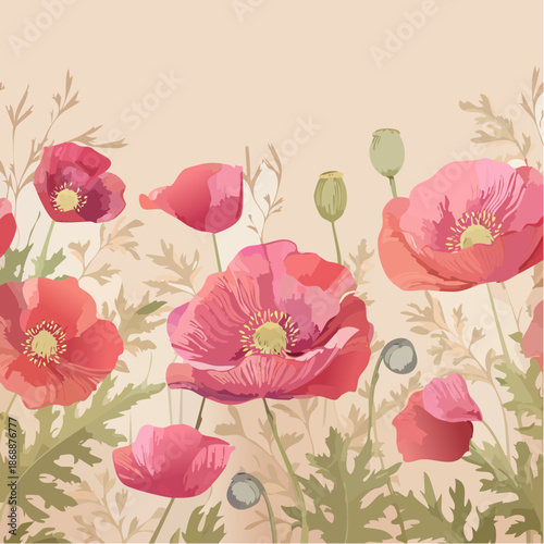 Soft watercolor poppies in bleeding crimson shades, beige paper-texture background, elegant seamless pattern