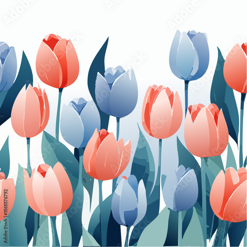 Stylized tulips filled with coral + slate blue watercolor pigments, clean modern seamless pattern