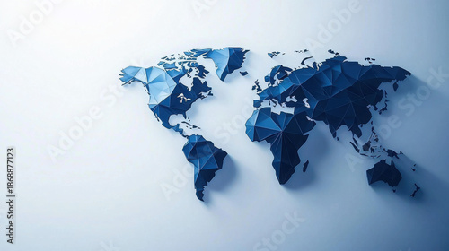 Geometric Blue World Map with 3D Polygonal Design Elements