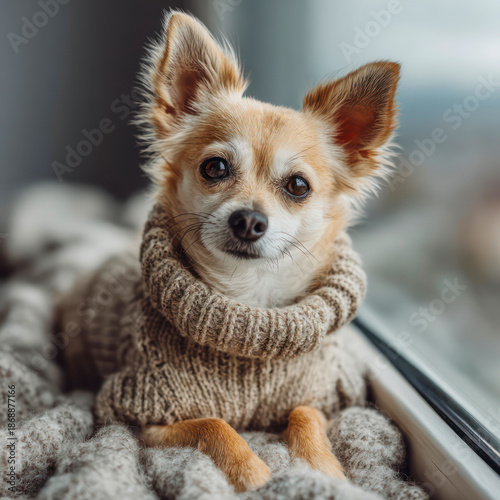 Little chihuahua, nestled in a blank knitted sweater, rests contently on a plush blanket by a luminous window at Home