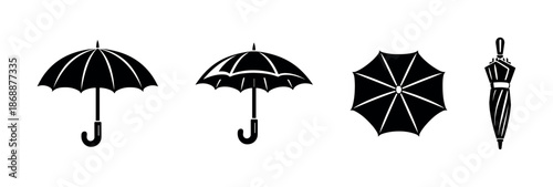 Rain and weather vector icons set: umbrella symbols and graphic illustrations