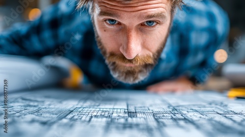 Blue eyed architect scrutinizing blueprint, close up, technical drawing and office bokeh background mockup