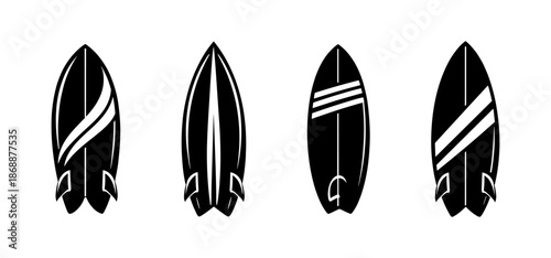 Surfboard designs vector icons set: watersport equipment and ocean adventure symbols