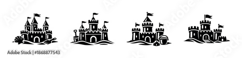 Sandcastle vector icons set. beach, summer, and seaside symbols