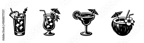 Tropical drinks vector icons set: cocktail symbols, beach bar graphics