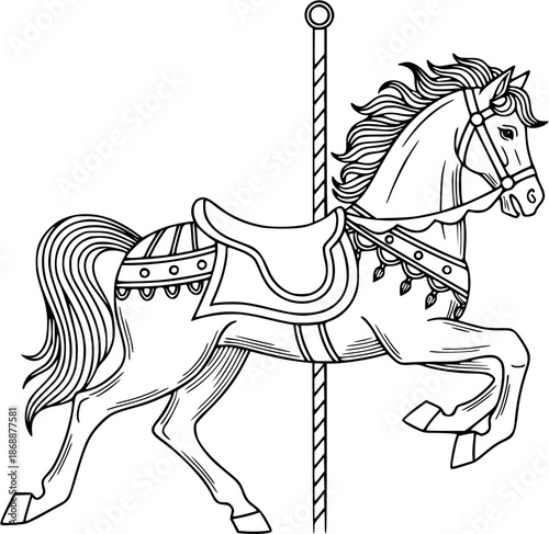 Playful carousel horse in minimalistic black and white linear art
