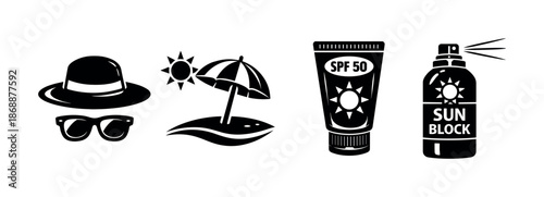 Summer and beach vector icons set. vacation and sun protection symbols