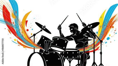 Abstract illustration of a drummer playing a drum kit with energy
