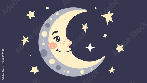 Smiling Crescent Moon with Stars.