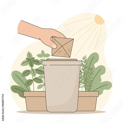 Hand planting seeds into a large pot surrounded by potted herb plants