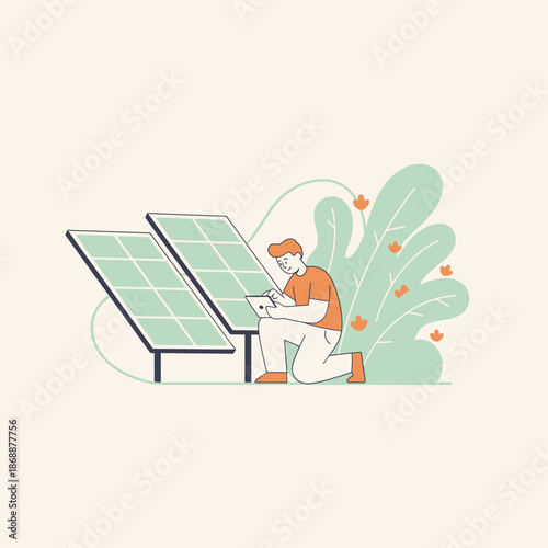 Technician checks solar panels with tablet, environmental illustration
