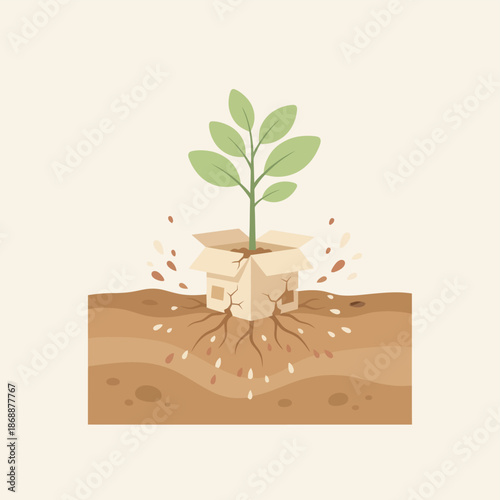 Green plant growing from a cracked cardboard house rooted in soil