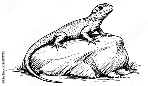 Hand drawn line art illustration of a lizard depicting it resting on a rock for wildlife concepts