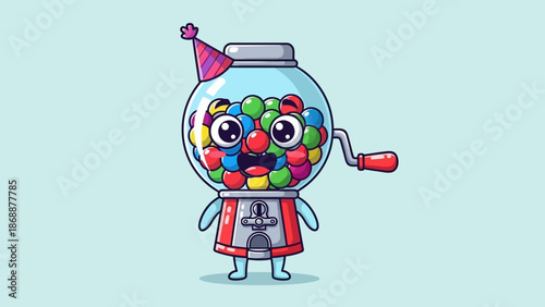 Cute Gumball Machine Character Wearing a Party Hat.