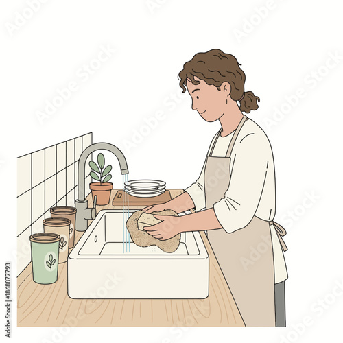 Woman washing dishes in a kitchen sink with a natural sponge illustration.