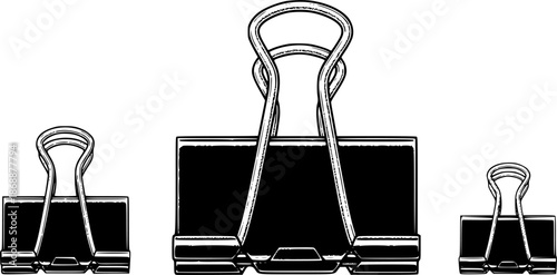 Engraved illustration of three binder clips in different sizes on white background
