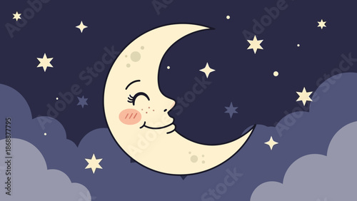 Smiling crescent moon with a happy face.