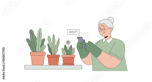 Elderly woman monitoring potted house plants with smartphone illustration