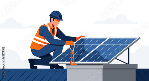 Technician Installing Solar Panel on Rooftop Vector Illustration