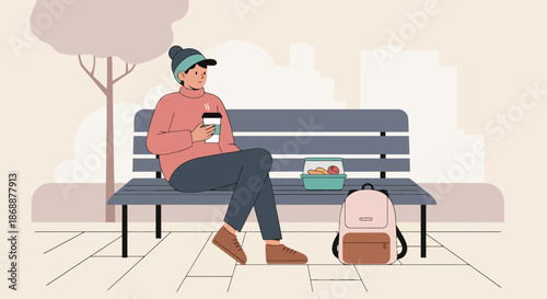 Person taking a coffee and lunch break on a public park bench