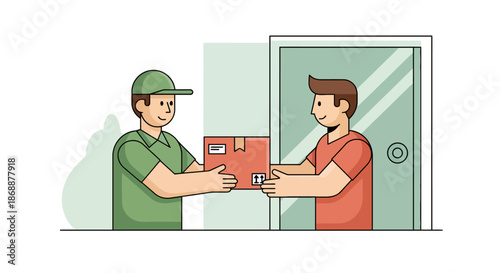 Delivery courier handing a package to a customer at a doorway