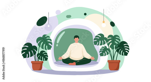 Man Meditating Indoors Surrounded by Monstera Plants Flat Vector Illustration