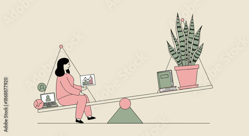 Business woman balancing career and personal life on a seesaw.