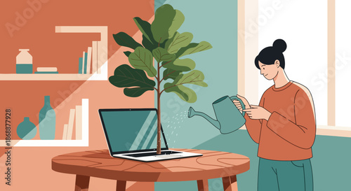 Woman Watering Plant Growing from Laptop Screen, Business Growth Concept.