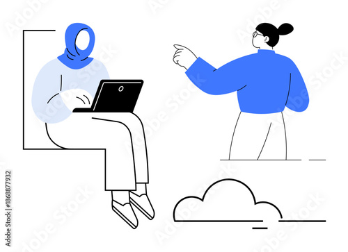 Remote work, online collaboration, teamwork, workplace diversity, technology, distance learning. Woman using laptop, another person gesturing. Remote work and online collaboration concept