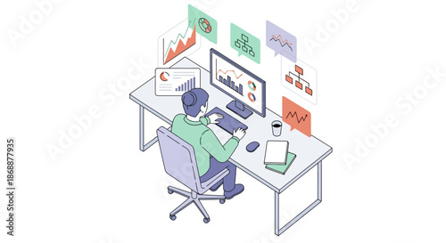 Isometric illustration of data analysis and business statistics report