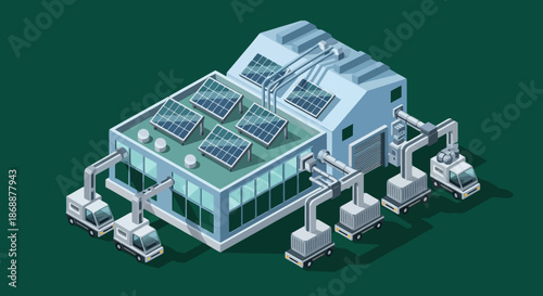 Isometric smart factory with solar panels and automated logistics