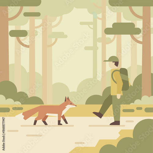 Hiker walking with a fox in a flat design forest environment