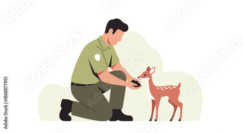 Wildlife Ranger Kneeling and Interacting with a Fawn