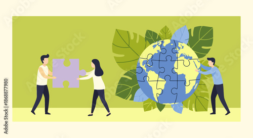 Teamwork putting together puzzle pieces of the Earth globe for environment