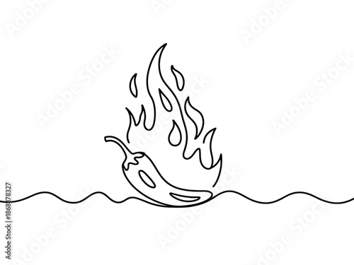 A simple line drawing of a chili pepper on fire floating on water