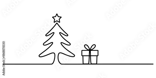 A minimalist line drawing of a Christmas tree with a gift box on a white background