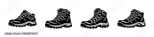 Hiking gear vector icons set: outdoor, adventure, camping symbols