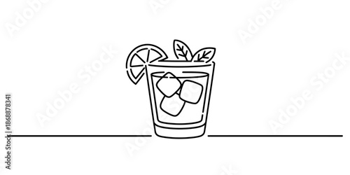 A refreshing cocktail with ice and lemon slice on a clean white background