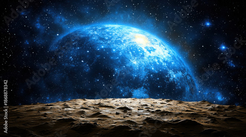 Stunning View of Blue Planet Rising Over Alien Moon Landscape