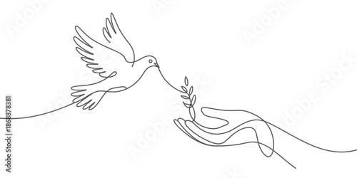 A hand offering a branch to a flying dove in a simple line drawing.