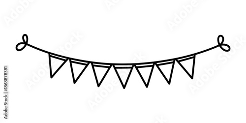 A simple black line drawing of a festive bunting on a white background