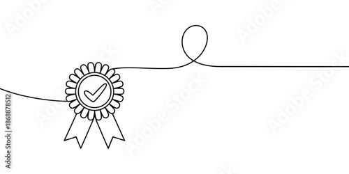 A minimalist line drawing of a rosette award ribbon with a checkmark in the center, symbolizing achievement and recognition.