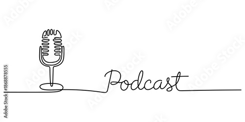 A simple line drawing of a microphone with the word Podcast written next to it.