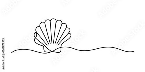 A minimalist line drawing of a scallop shell on a wavy ocean surface