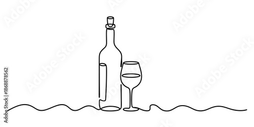 A minimalist line drawing of a wine bottle and glass on a wavy surface