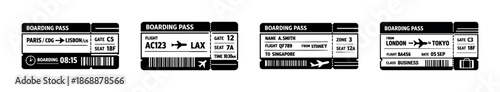 Boarding pass vector icons set. airline tickets and travel document symbols