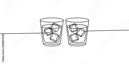 A minimalist line drawing of two glasses of water with ice cubes on a table