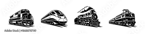 Transportation vector icons set: train and locomotive symbols, travel illustrations