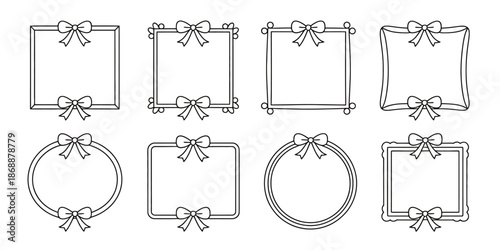 A collection of elegant black and white line art frames with bows for decorating and design